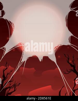 Close up view of spider web, and withered trees in a spooky Halloween scene Stock Vector