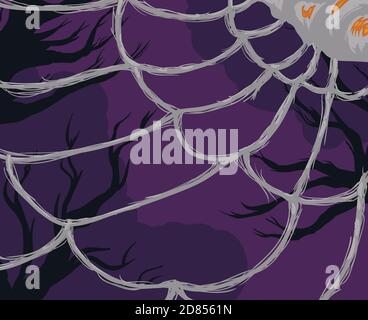 Spider web structure with trapped prey over forest and purple background. Stock Vector