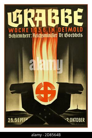 Vintage propaganda poster of fire crucible and swastika issued in Nazi Germany - Grabbe-Woche in Detmold  26.09. - 2.10.1936. Promoted by Schirmherr Reichsminister Dr Goebbels -  Hermannsschlacht is the title of a historical drama by Christian Dietrich Grabbe , which deals with the historical battle between the Cheruscan prince Arminius (Hermann) and the Roman army under Varus in the year 9 AD. Adopted for the stage, the production was shown on October 2, 1936 as a festival performance during GRABBE week far right gathering and visual Nazi symbolism performance Stock Photo
