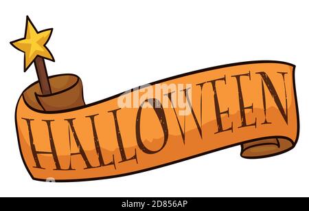 Old scroll with greeting sign and magic wand with star to celebrate Halloween. Stock Vector
