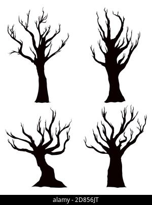 Set with dark silhouettes of four dry trees over white background. Stock Vector