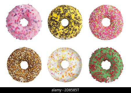 Set of donuts isolated on white background. Top view. Stock Photo
