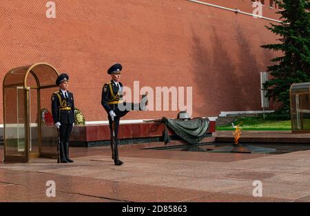 Moscow/Russia; July 7 2019: changing of the guard in the Kremlin,  with the eternal flame Stock Photo