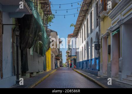 beautiful building facades in the historic old town, Casco Viejo, Panama City Stock Photo