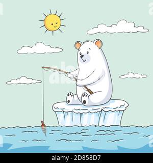 Polar bear at fishing. Hand drawn vector illustration with separate layers. Stock Vector