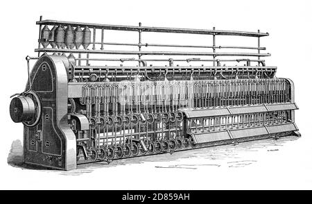 A 19th Century Bobbin and Fly Frame cotton machine that draws and twists the fine gossamer film (sliver) and winds the roving on a bobbin . Stock Photo