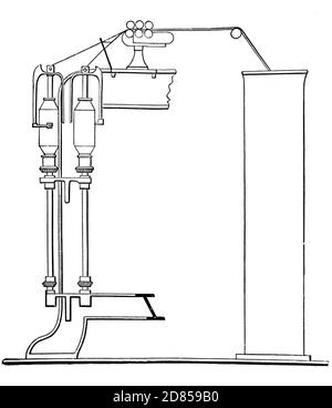 A 19th Century section of a Fly Frame cotton machine that draws and twists the fine gossamer film (sliver) and winds the roving on a bobbin . Stock Photo