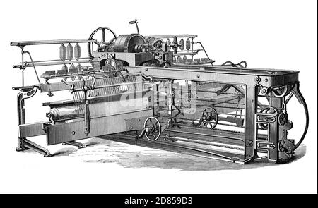 A 19th Century spinning mule that spins textile fibres from the  Fly Frame cotton machine that draws and twists the fine gossamer film (sliver), into yarn. Stock Photo