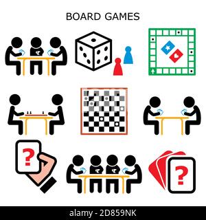 Board games, people playing cards and chess or draughts at the table vector color icons set, fun activity while staying at home with friends and famil Stock Vector