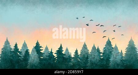 Watercolor illustration of a forest landscape at sunset with flying birds in the sky Stock Photo