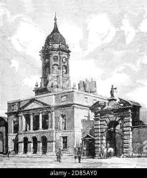 A 19th Century illustration of  the Clock Tower beside the Ship Street entrance in Dublin Castle, Ireland. The building was erected in 1820, possibly to the designs of Francis Johnston, to house the Ordnance Office of the Royal Engineers, who used it to store munitions for the regiments housed within Dublin Castle. Stock Photo