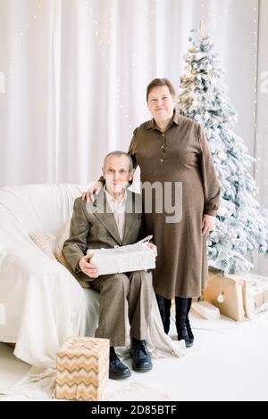 Senior couple in elegant clothes, celebrating New Year and Christmas at home in front of Christmas tree. Handsome grandfather sits in armchair with Stock Photo
