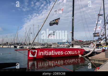 LES SABLES D'OLONNE, FRANCE - OCTOBER 19, 2020: Samantha Davies boat (Initiatives-Cœur) on the Vendee Globe 2020 pontoon on October 19,2020. Stock Photo