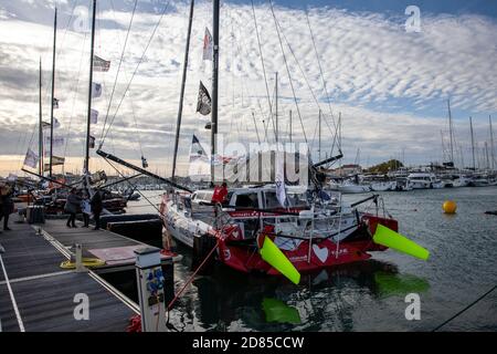 LES SABLES D'OLONNE, FRANCE - OCTOBER 19, 2020: Samantha Davies boat (Initiatives-Cœur) on the Vendee Globe 2020 pontoon on October 19,2020. Stock Photo