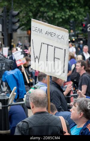 London, United Kingdom, June 4th 2019:- Protesters gather in Trafalgar Sqaure to protest the State visit to the UK by American President Donald Trump Stock Photo