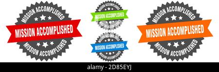 mission accomplished sign. round ribbon label set. Stamp Stock Vector