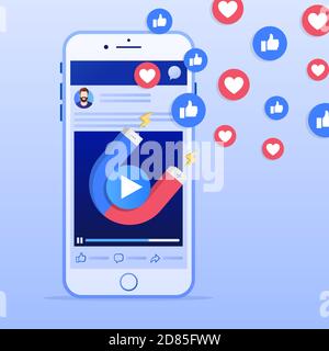 Mobile smart phone with magnet attracting hearts and likes. Social media marketing concept. Simple flat design. Vector illustration. Stock Vector