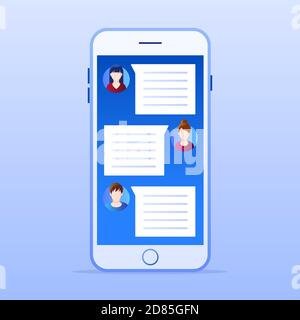 Smartphone with online chat application. Social media marketing concept. Flat style design with gradient. Modern vector. Stock Vector