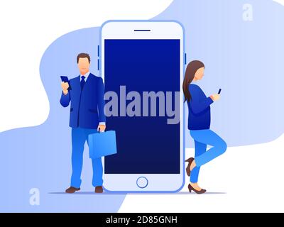 Two businessmen leaning on a giant cellphone with mobile app. Social media marketing concept. Flat style design with gradient. Modern vector. Stock Vector