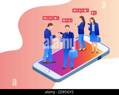 Social media group. Business people interacting on social media. Women using different social platforms. Online communication and connection. Stock Vector