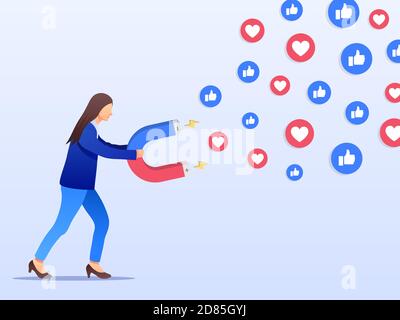 Social media marketing concept. Young businesswoman attracting likes and loves with a huge magnet. Flat design. Vector illustration Stock Vector