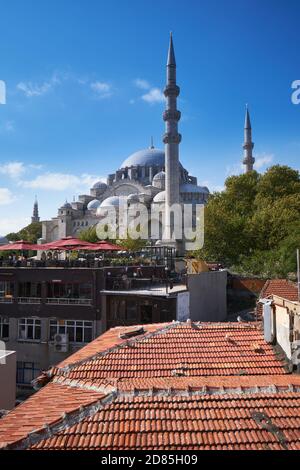 Suleymaniye Mosque and terrace of a cafe in foregound, Istanbul, Turkey Stock Photo