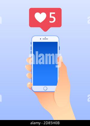 Hand holding mobile smart phone. Social media marketing concept.  Vector illustration. Flat design style with gradients. Ideal for social media post. Stock Vector