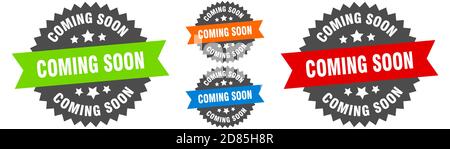 coming soon sign. round ribbon label set. Stamp Stock Vector