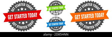 get started today sign. round ribbon label set. Stamp Stock Vector
