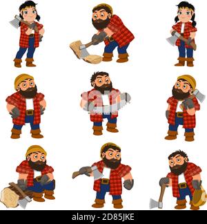 Lumberjack icons set, cartoon style Stock Vector