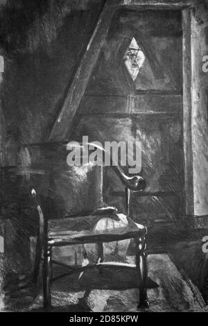 Charcoal drawing of an old wooden chair in a hallway in a house with subtle sunlight shining through a small window in a door in West Sussex, England, Stock Photo