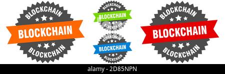 blockchain sign. round ribbon label set. Stamp Stock Vector