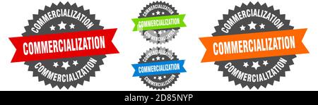 commercialization sign. round ribbon label set. Stamp Stock Vector