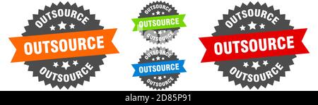 outsource sign. round ribbon label set. Stamp Stock Vector