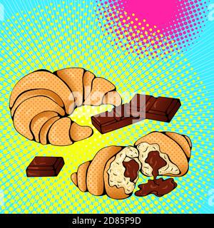 Vector bright colored background in Pop Art style. Illustration with croissant and chocolate. Retro comic style Stock Vector