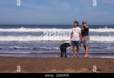 Couple walking dog on beach, Whitby, England, UK Stock Photo