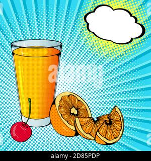 Vector bright colored background in Pop Art style. Illustration with a glass of orange juice, fruits orange and cherry. Retro comic style Stock Vector