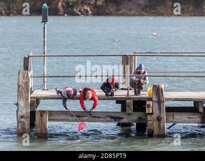 Currabinny, Cork, Ireland. 27th October, 2020. Jane O'Leary from Carrigaline helps her three children, Maymie, Billy and Paddy fish for crab on a cool afternoon on the pier at Currabinny, Co. Cork, Ireland.  - Credit; David Creedon / Alamy Live News Stock Photo