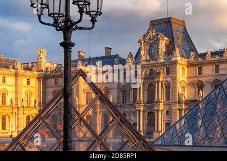 Glass pyramids and architecture of Musee du Louvre, Paris France