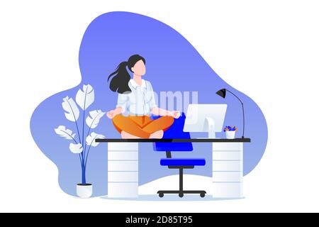 Businesswoman manager sitting in lotus pose on office desk. Office yoga 5-minute break. Woman meditating in modern cabinet. Vector character illustrat Stock Vector