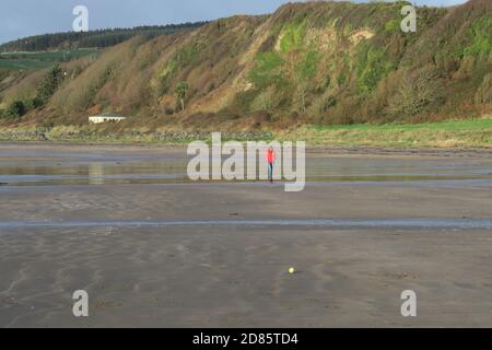 Croy Shore, Ayrshire, Scotland,UK A solitary person walks along the beach lost in thought Stock Photo