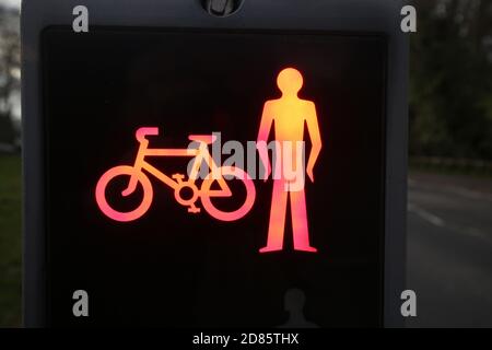 Scotland,Ayrshire,Alloway, Pedestrian Crossing, Pelican crossing showing man & bicycle Stock Photo