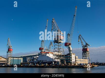 FINLAND, HELSINKI, JUL 02 2017, The Arctech shipyard with cranes build the icebreaker vessel Fedor Ushakov Stock Photo