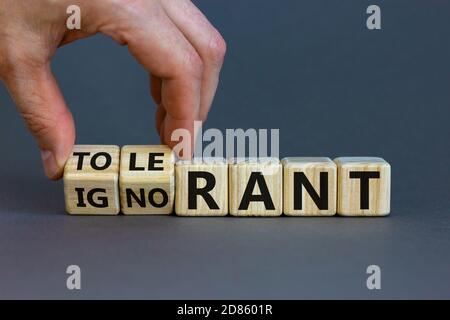 Hand turns cubes and changes the word 'ignorant' to 'tolerant'. Beautiful grey background. Copy space. Stock Photo