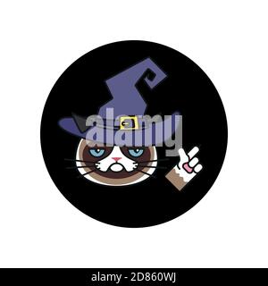 Grumpy cat in witch costume sticker. Halloween Stock Vector