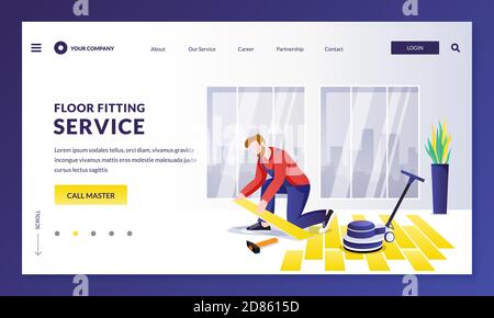 Carpenter fitting wooden floor. Repairman worker makes house flooring restoring works. Vector flat cartoon character illustration. Home repair, decora Stock Vector