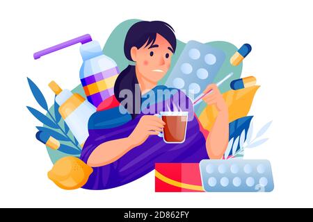 Flu sick young woman with pills and medicines. Female treats seasonal cold respiratory infection disease. Vector flat cartoon characters illustration Stock Vector