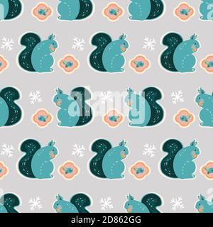 Vector cute geometric winter squirrel kawaii pattern. Seamless scandinavian style design with stylized squirrel and berry on neutral grey background. Perfect for fabric, nursery and home decor. Stock Vector