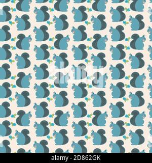 Vector simple geometric autumn squirrel kawaii pattern. Seamless scandinavian style design with stylized squirrel, berry and nut on neutral grey background. Perfect for fabric, nursery and home decor. Stock Vector