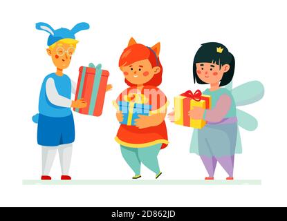 Happy children getting presents - colorful flat design style illustration Stock Vector